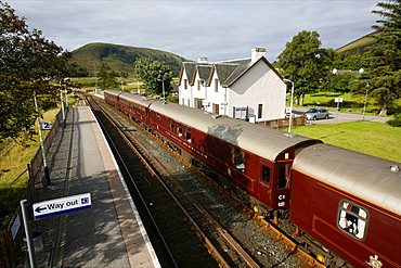 The Royal Scotsman train arriving at a small village of Kyle of Lochalsh, west coast, Scotland, United Kingdom, Europe