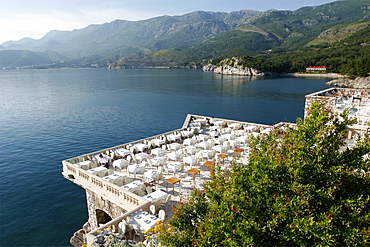 Terrace of the restaurant on the island hotel of Sveti Stefan, Montenegro, Europe