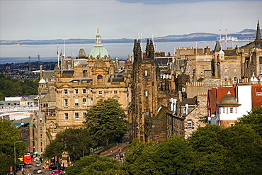 The city and harbour of Leith, seen from Edinburgh Castle, Edinburgh, Lothian, Scotland, United Kingdom, Europe