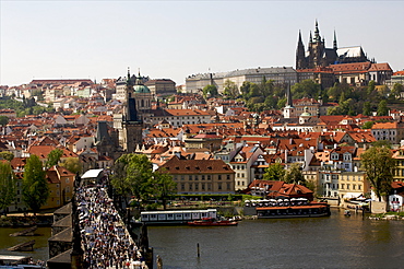 The Charles Bridge on Vltava River and panorama of the historical center, UNESCO World Heritage Site, Prague, Czech Republic, Europe