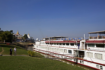 The Road to Mandalay cruise boat moored close to the Mandalay Bridge, Mandalay, Mynamar (Burma), Asia