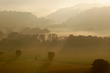 The Umbrian landscape seen from a balloon at dawn, Umbria, Italy, Europe