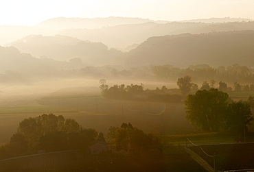 The Umbrian landscape seen from a balloon at dawn, Umbria, Italy, Europe