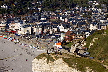 Cliffs of the Cote d'Albatre with the town of Etretat beyond, Seine Maritime, Normandy, France, Europe