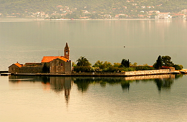 Village and church on an island in the Kotor Gulf, area of Herceg Novi, Montenegro, Europe