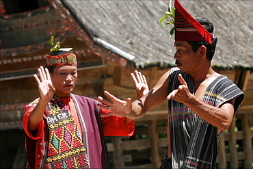 Woman and man dancing at a Batak show in Samosir, Lake Toba, Sumatra, Indonesia, Southeast Asia, Asia