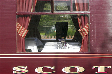 The cosy dining car of the Royal Scotsman train, Scotland, United Kingdom, Europe