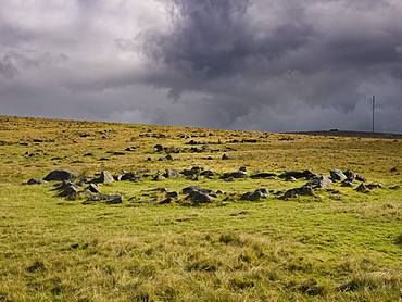 General view of stone huts, Merrivale Bronze Age Village, devon, England, United Kingdom, Europe

