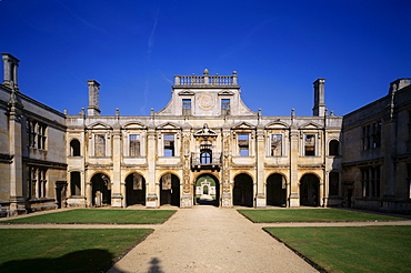 Inner courtyard looking towards loggia, Kirby Hall, Northamptonshire, England, United Kingdom, Europe


