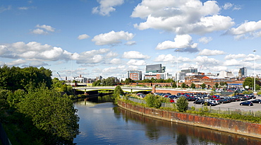 View of the Civil Justice Centre and River Irwell, Manchester, England, United Kingdom, Europe