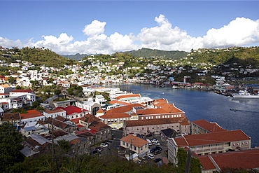 BirdÔøOs eye view over rooftops to sea, St. George's, Grenada, Windward Islands, West Indies, Caribbean, Central America