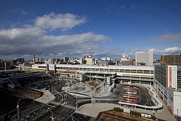 Aerial view of the station building, station square and carpark from the southeast, Niigata Station South Square and Pedestrian deck, Niigata, Japan, Asia