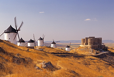 Windmills and castle, Consuegra, New Castile, Spain, Europe