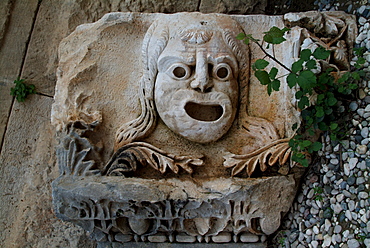 Frieze of stone mask from ancient theatre, Myra, Lycia, Anatolia, Turkey, Asia Minor, Eurasia