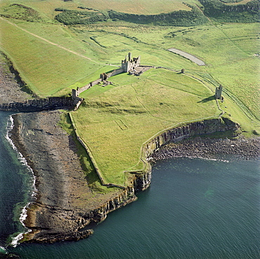 Aerial view of Dunstanburgh Castle, Northumberland, England, United Kingdom, Europe