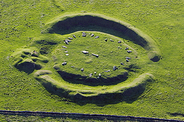 Aerial view of Neolithic henge monument of Arbor Low, Derbyshire, England, United Kingdom, Europe