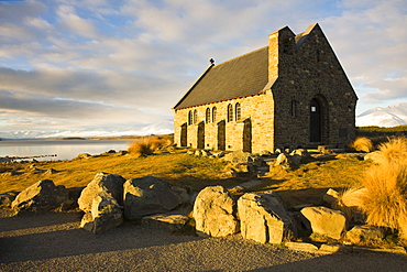 Evening light on The Church of the Good Shepherd, built in 1935, the first church built in the Mackenzie Basin on the shores of Lake Tekapo, South Island, New Zealand, Pacific