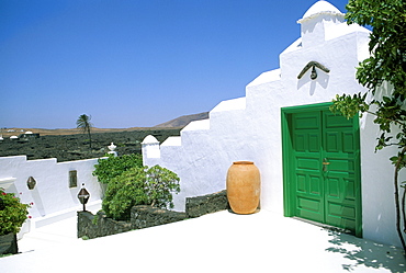 Green door and pot, Lanzarote, Canary Islands, Spain, Europe