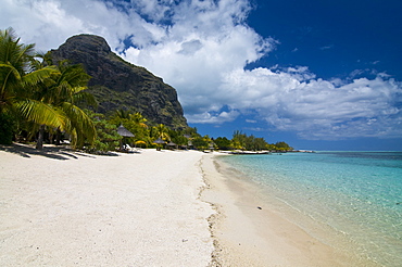 Beach of the Beachcomber Le Paradis Hotel with Mont Brabant in the background, Mauritius, Indian Ocean, Africa