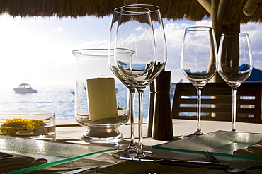 Glasses on a table of the Beachcomber Le Paradis five star hotel, Mauritius, Indian Ocean, Africa