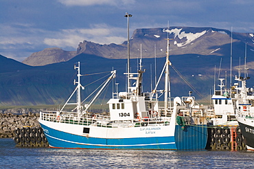 Fishing trawler lying in the habour of Olavsvik, Western Iceland, Polar Regions