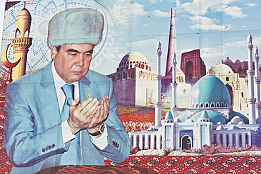 Propaganda poster of Turkmenbashi the former leader of Turkmenistan, Central Asia, Asia