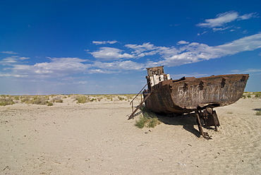 Old rusty shipwrecks in the former Aral Sea, Moynaq, Uzbekistan, Central Asia