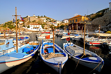 Small boats in the harbour of the island of Hydra, Greek Islands, Greece, Europe