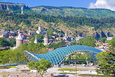 View over the old town of Tiblisi with a new constructed pedestrian bridge, Tiblisi, Georgia, Caucasus, Central Asia, Asia