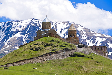 Famous Tsminda Sameba church, Kazbegi, Georgia, Caucasus, Central Asia, Asia