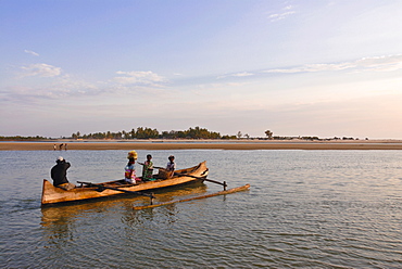 Little canoe crossing a chanel at Morondava, Madagascar, Indian Ocean, Africa