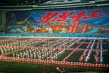 Dancers and acrobats at the Airand festival, Mass games in Pyongyang, North Korea, Asia