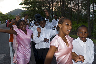 Happy boys and girls at the Festival of the Creoles (Fete de Creoles), Victoria, Mahe, Seychelles, Africa