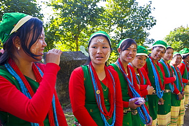 Traditionally dressed girls from the Hillmiri tribe near Daporjio, Arunachal Pradesh, Northeast India, India, Asia