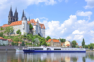 Cruise ship on the Elbe before the Albrechtsburg in Meissen, Saxony, Germany, Europe