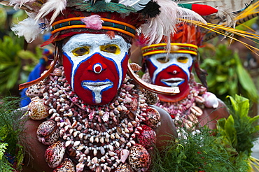 Colourfully dressed and face painted local tribes celebrating the traditional Sing Sing, Enga, Highlands of Papua New Guinea, Pacific