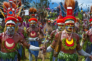 Colourfully dressed and face painted local tribes celebrating the traditional Sing Sing in the Highlands of Papua New Guinea, Pacific