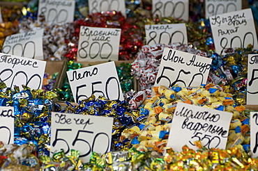 Colourful sweets on market stand, Almaty, Kazakhstan, Central Asia, Asia