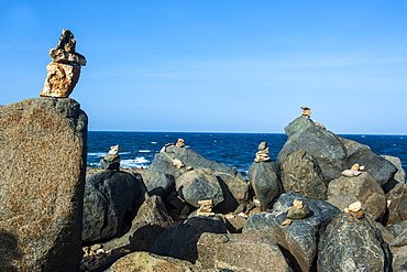 Stone set up on shore, Aruba, ABC Islands, Netherlands Antilles, Caribbean, Central America