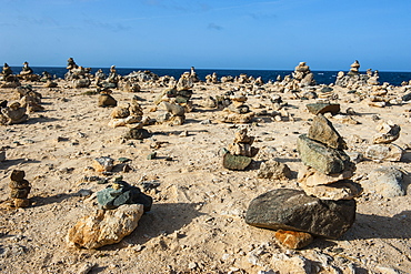 Stone set up on shore, Aruba, ABC Islands, Netherlands Antilles, Caribbean, Central America