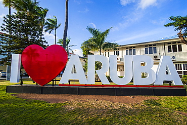 I love aruba sign in downtown Oranjestad, capital of Aruba, ABC Islands, Netherlands Antilles, Caribbean, Central America