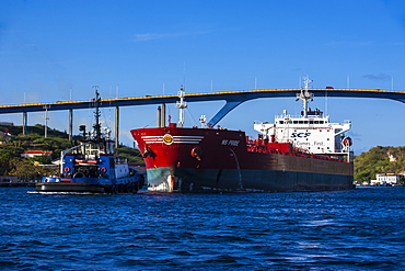 Freighter passing the Sint Annabaai in Willemstad, Curacao, ABC Islands, Netherlands Antilles, West Indies, Caribbean, Central America