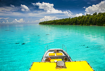 Yellow sundeck of a boat in the Ant Atoll, Pohnpei, Micronesia, Pacific