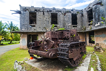 Old Japanese tank in front of the Japanese administration building, Island of Babeldoab, Palau, Central Pacific, Pacific