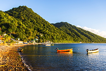 Fishing boats in the Bay of Soufriere, Dominica, West Indies, Caribbean, Central America