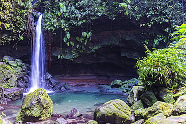 Waterfall splashing in the Emerald Pool in Dominica, West Indies, Caribbean, Central America 