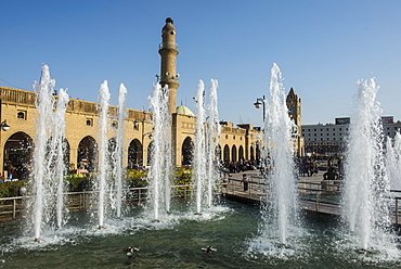 Huge square with water fountains below the citadel of Erbil (Hawler), capital of Iraq Kurdistan, Iraq, Middle East 