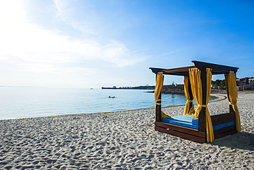 Huge double bed on the beach of Playa Palmira near La Paz, Baja California, Mexico, North America 