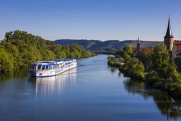 Cruise ship on the Main valley near Karlstadt, Franconia, Bavaria, Germany, Europe