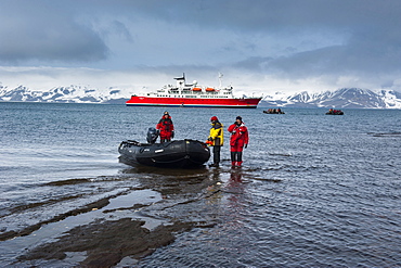 Tourists on a Zodiac landing on Deception Island, South Shetland Islands, Antarctica, Polar Regions